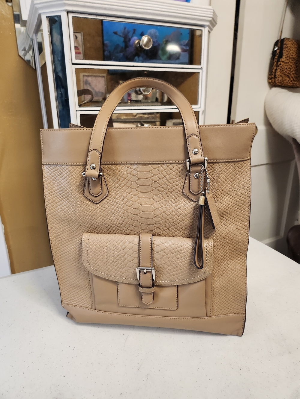 Coach Beige Textured Tote with Front Pocket and Charm